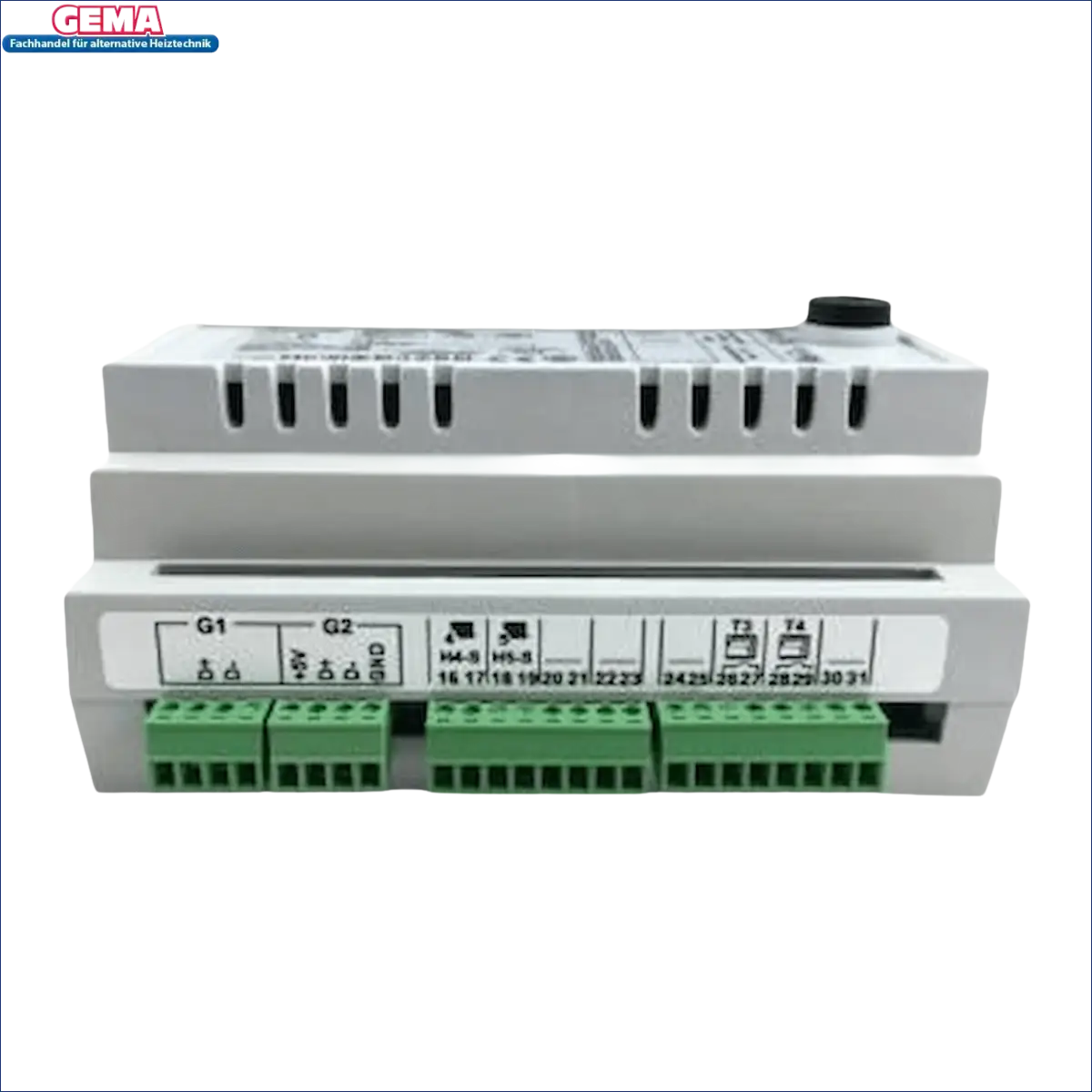 Graues elektronisches Steuergerät mit grünen Anschlussklemmen für GEMA Control