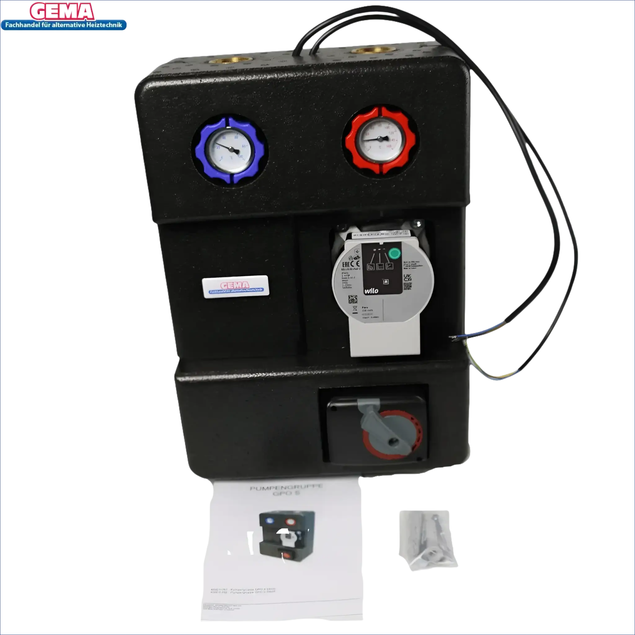 Schwarze Pumpengruppe mit Manifold, Gauges und Elektronik – GEMA Pumpengruppe DN25
