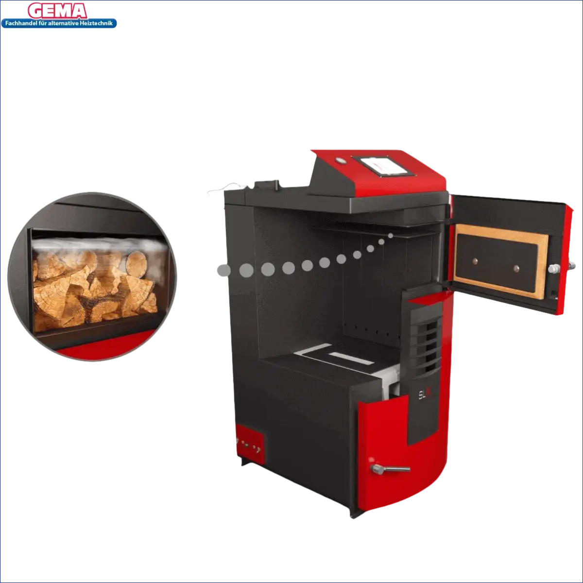 Roter und schwarzer Holzvergaser Attack SLX Lambda Touch 25 kW für effiziente Heizung