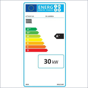 Energieeffizienzlabel für Heizgerät Holzvergaser Attack SLX Lambda Touch 30 kW