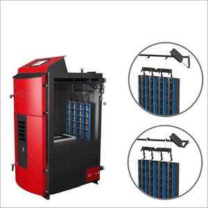 Roter und schwarzer Pelletkessel mit internen Komponenten für den Holzvergaser Attack SLX Lambda Touch 30 kW