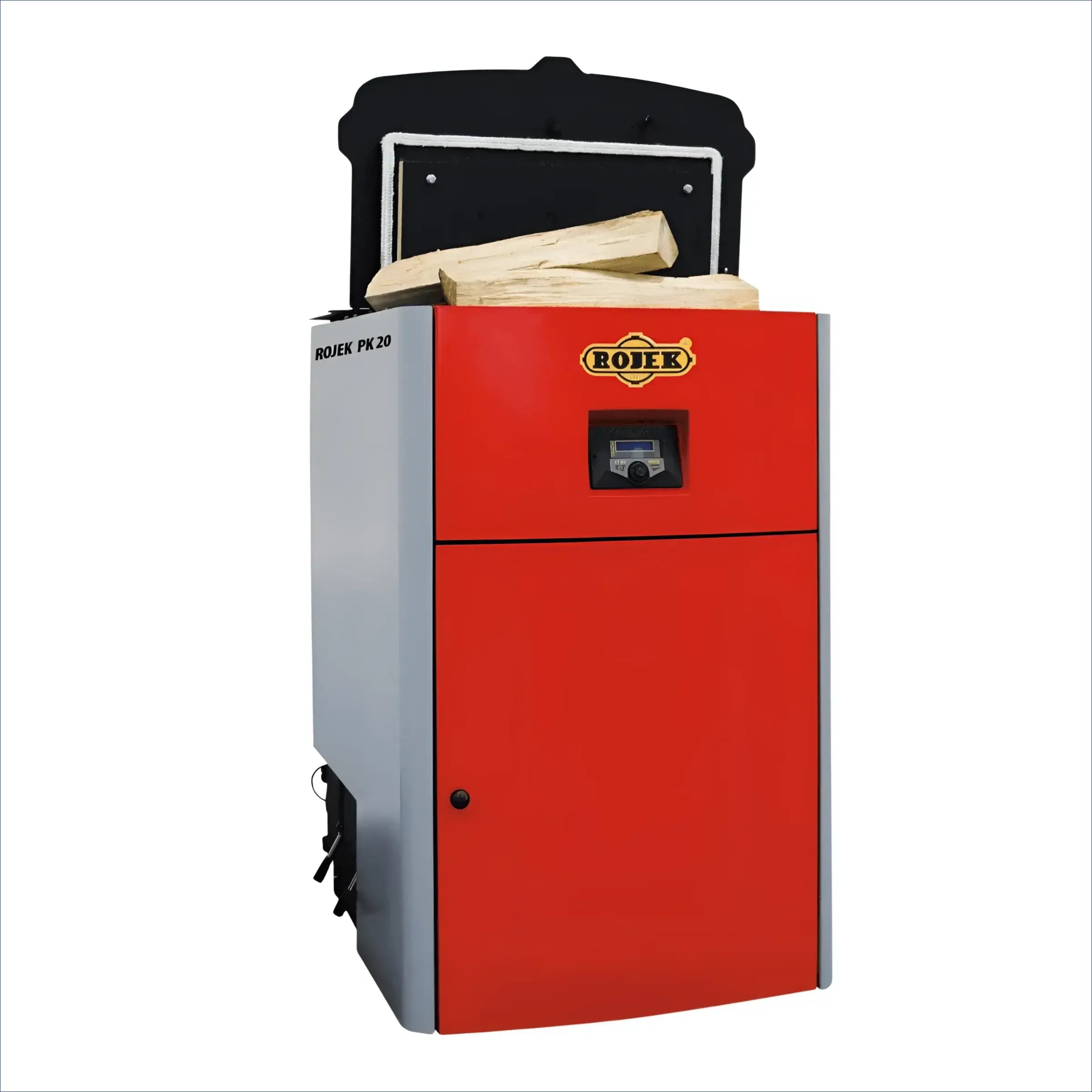 Roter und grauer Holzvergaser für Brennholz im Produkt Holzvergaser ROJEK PK BIO 25 kW