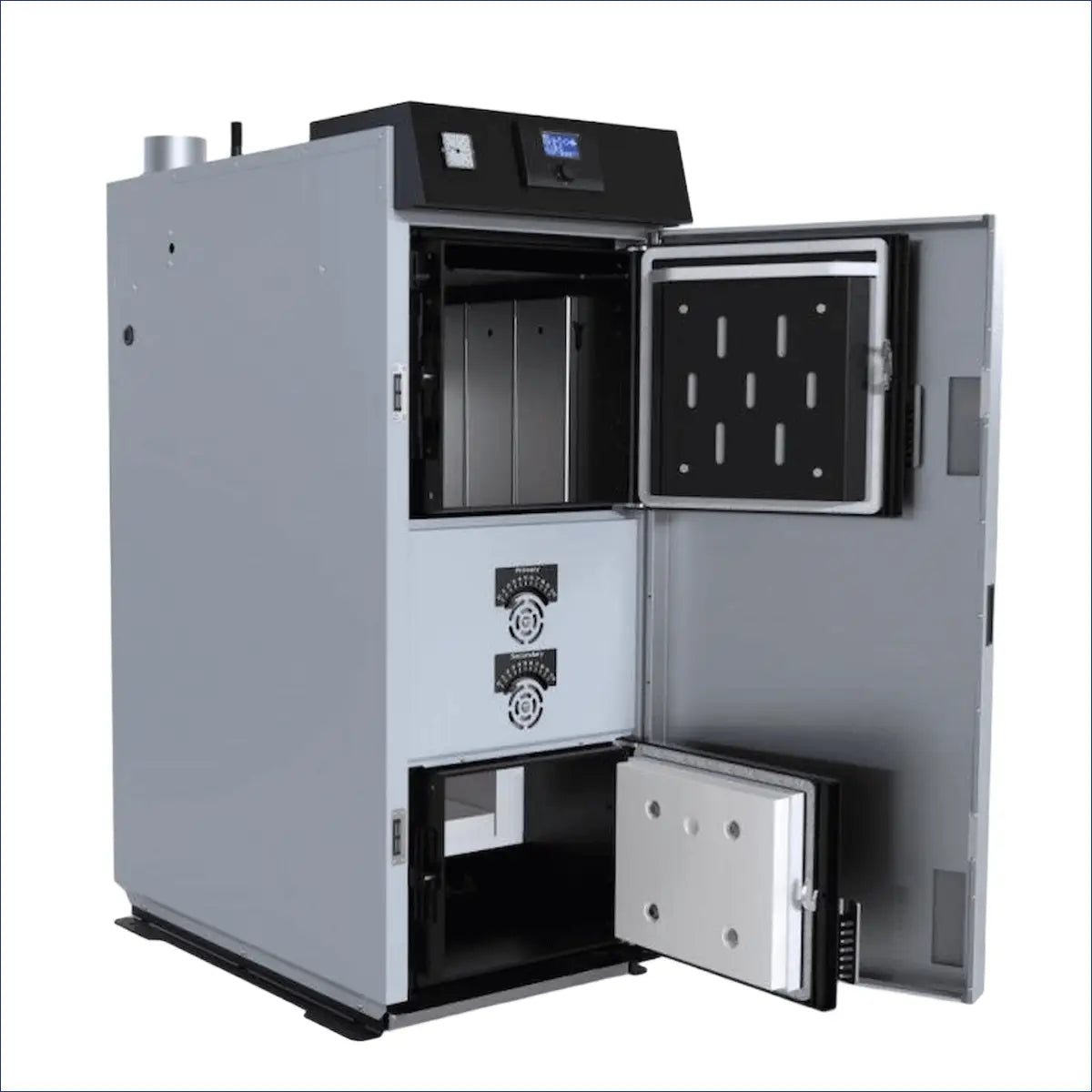 Grauer Holzvergaser mit offenen Türen für den Holzvergaserkessel Defro Optima HG 25 kW