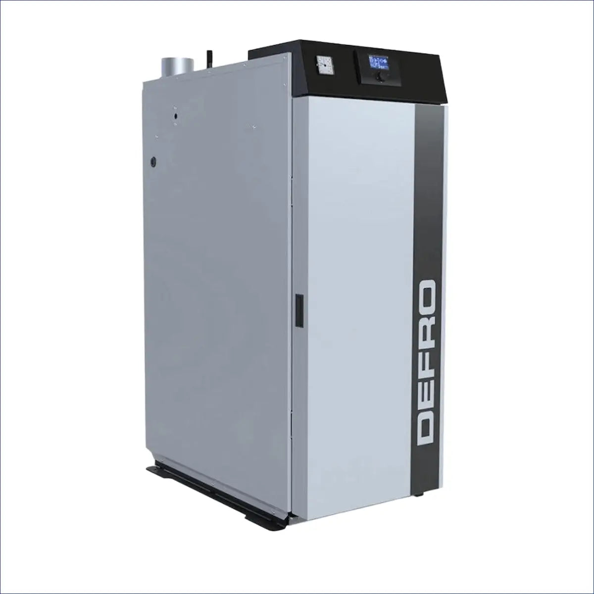 Grauer und schwarzer Holzvergaserkessel Defro Optima HG 25 kW vor weißem Hintergrund