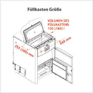 Technische Zeichnung eines Lagerbehälters mit Maßen für Holzvergaserkessel ROJEK PK BIO 40 kW