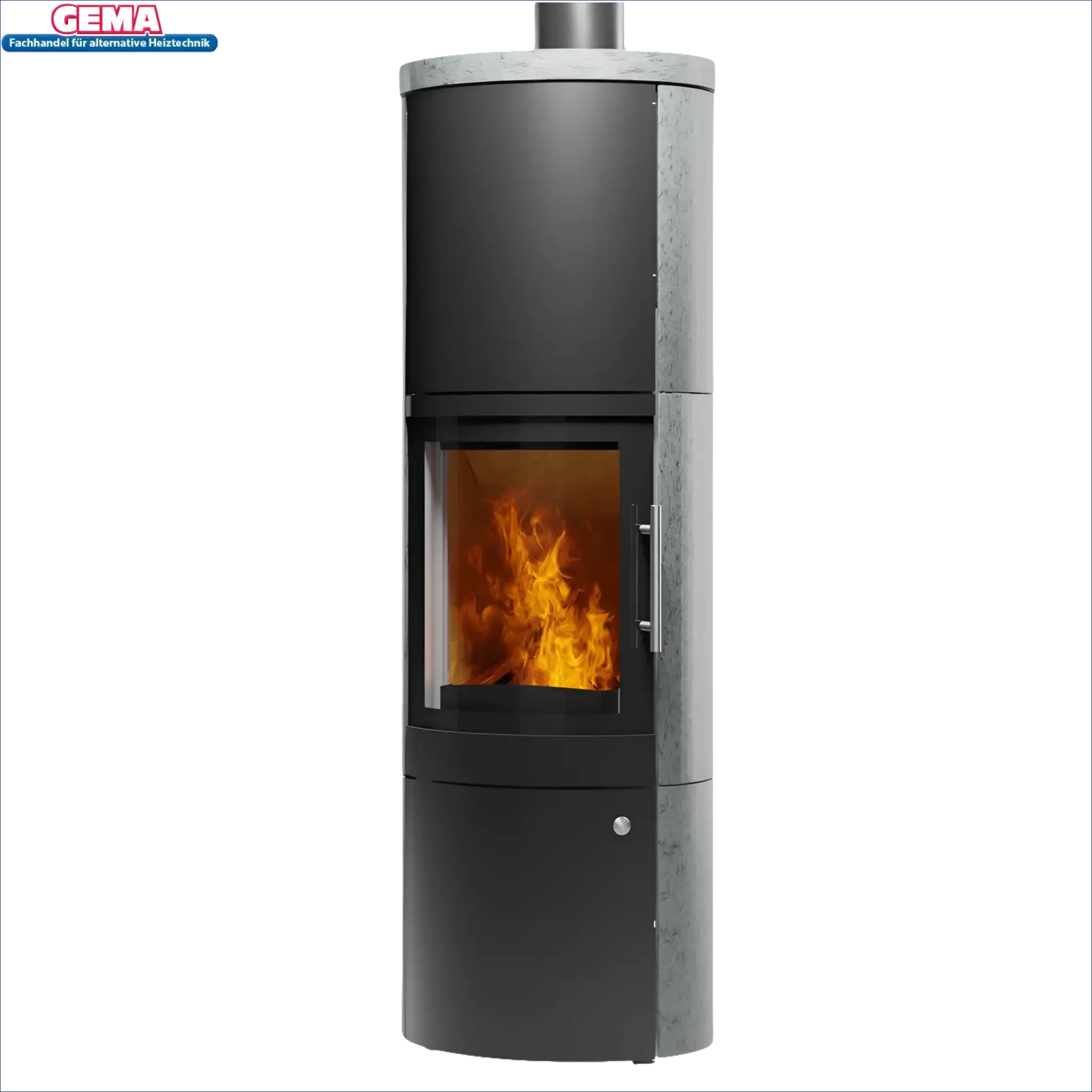 Moderne Kaminofen Leo von Königshütte 5 kW mit sichtbaren Flammen und Rauchrohranschluss erfolgt