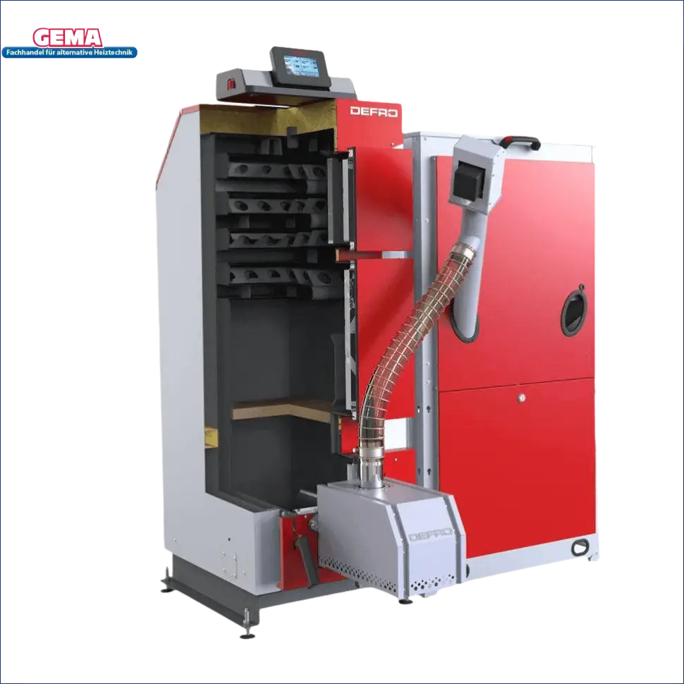 Roter und grauer Industrie-Brennwertkessel Kombi-Pelletkessel Defro Komfort Ekopell 14 kW