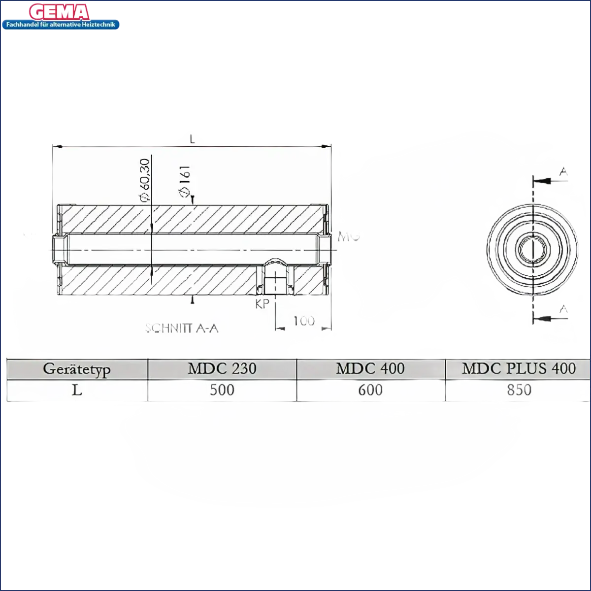 Technische Zeichnung eines zylindrischen Bauteils mit Maßen für Nachheizmodul Notheizung Durchlauferhitzer 1 1/