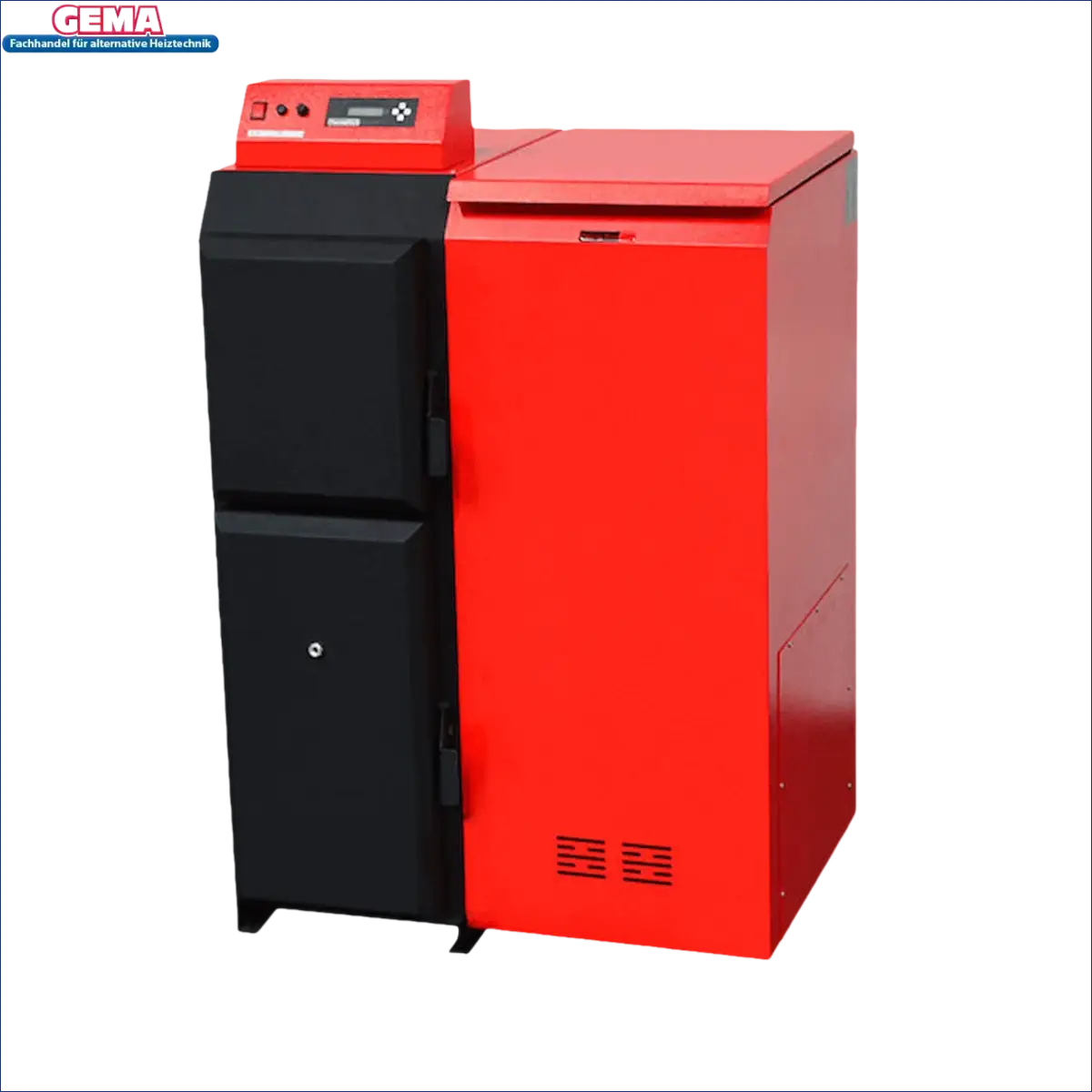 Rot und schwarzer Heizkessel aus Metall im Pelletheizung Komplettpaket mit Thermoflux Pelling ECO 25