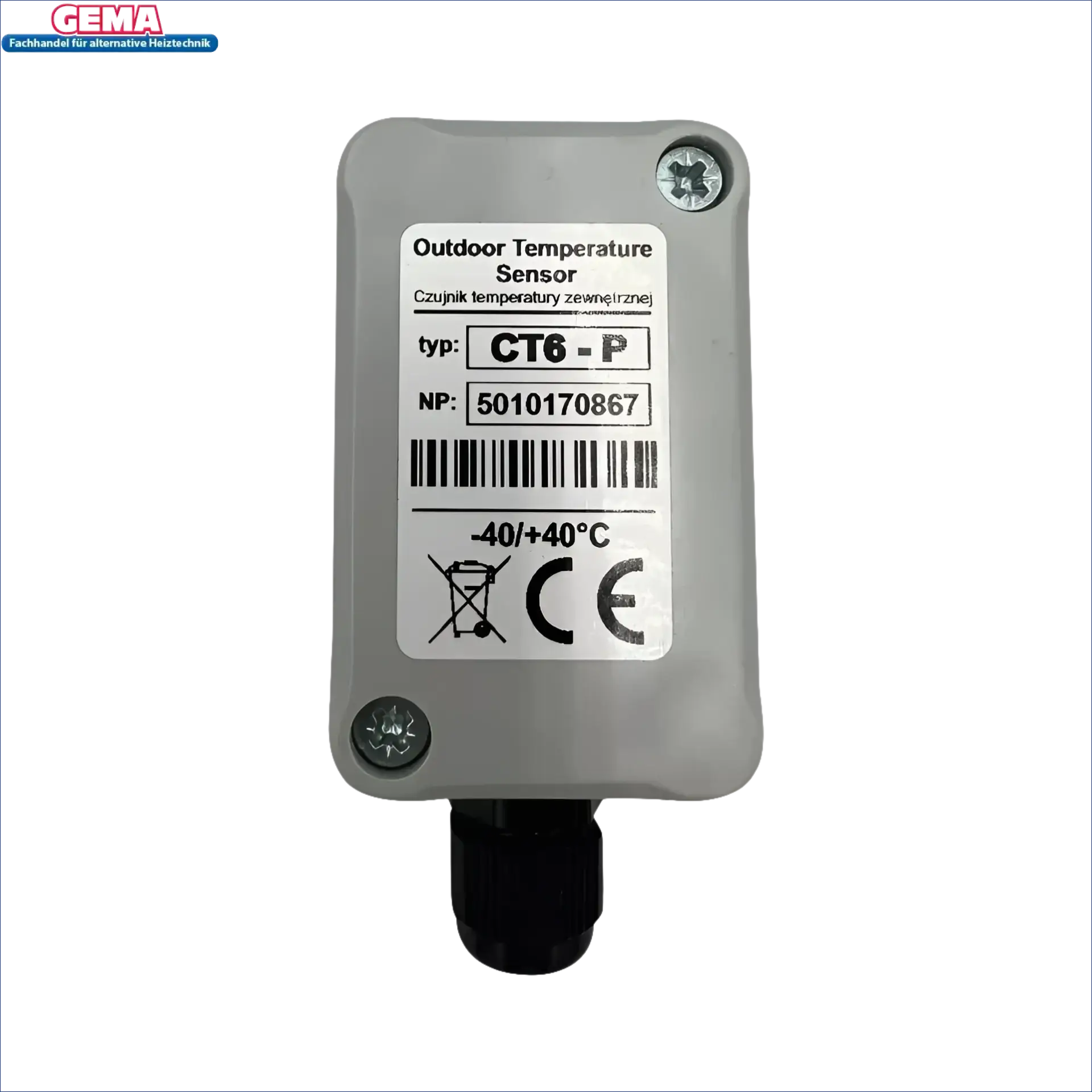 Grauer Außentemperatursensor Plum PCT6 mit robuste Bauweise für GEMA Control