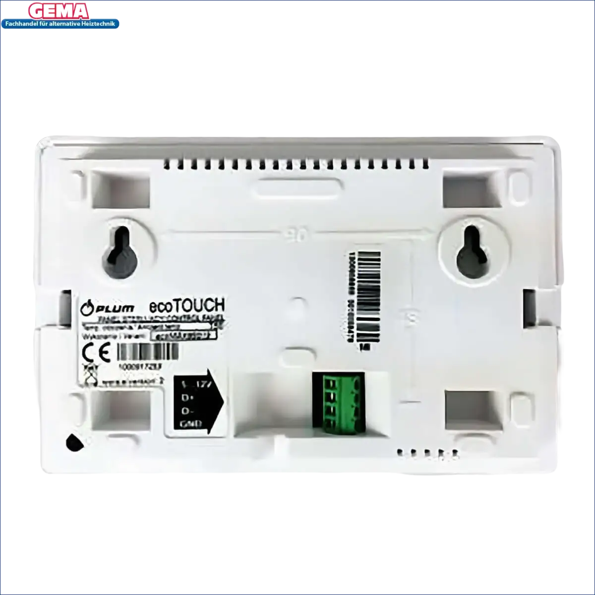 Weiße wandmontierte Steuerungseinheit mit grünem Klemmenblock für Plum ecotouch Raumthermostat