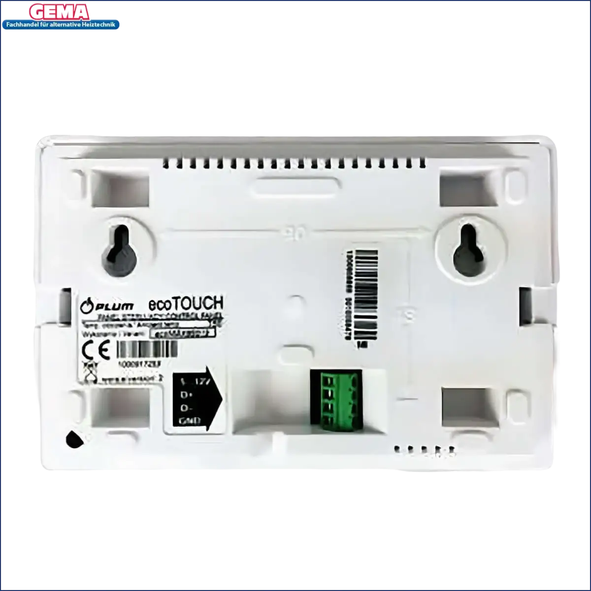 Weiße wandmontierte Steuerungsleiste mit grünem Anschlussblock für PLUM ecoTouch Raumthermostat