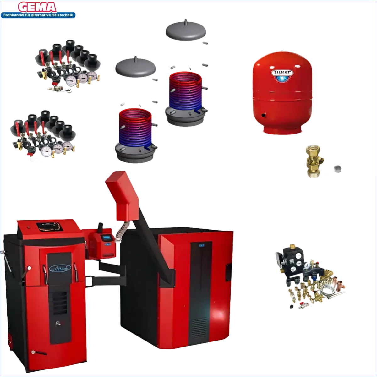 Heating system components of Rotes und schwarzes Pelletskesselsystem mit Pufferspeicher inklusive attack slx kombi20