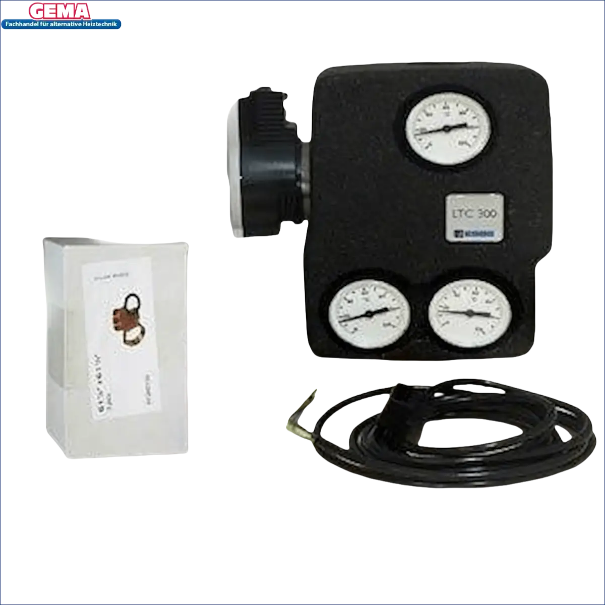 Schwarze Steuerbox mit Anzeigen und elektrischem Kabel für Rücklauftemperaturanhebung ESBE LTC361