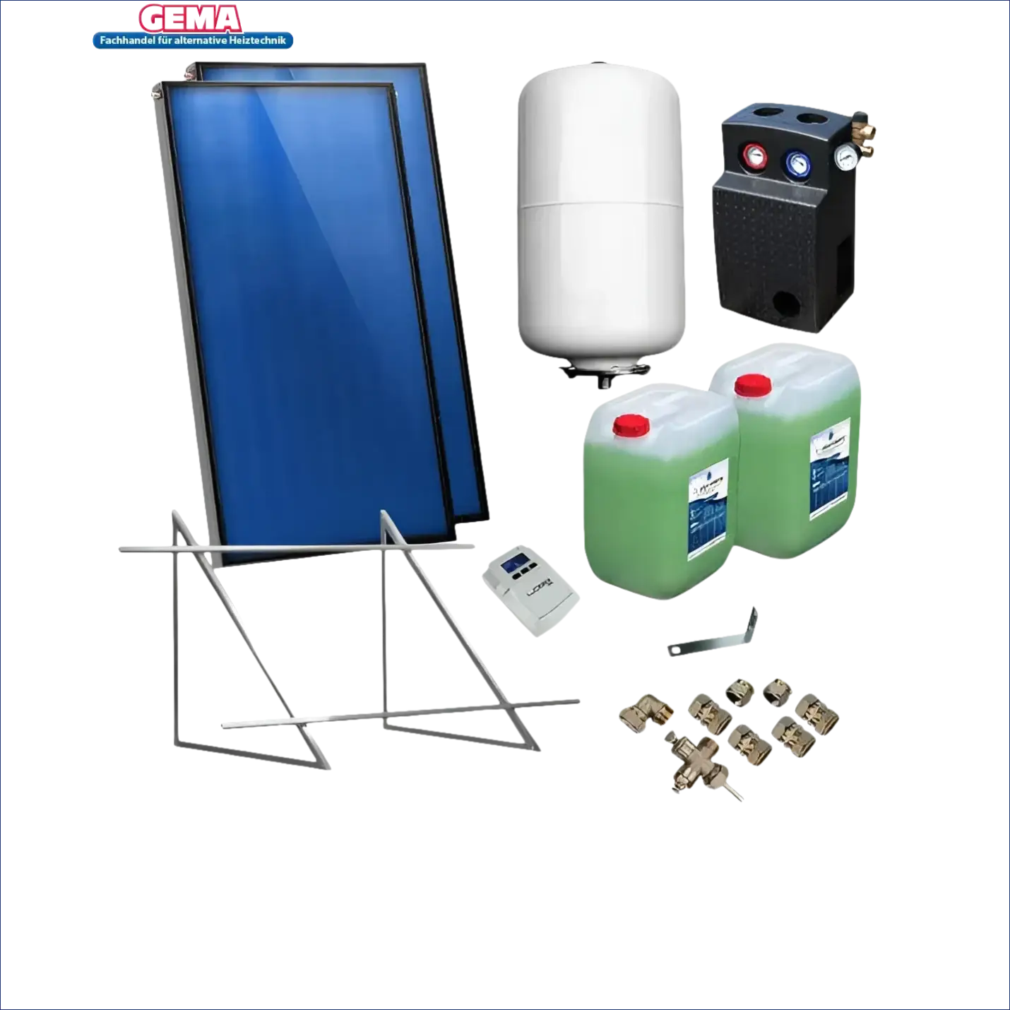 Solarwasserheizungssystem mit Flachkollektoren AMX, Solarregler Logo PWM, Solarpaket Flachkollektoren