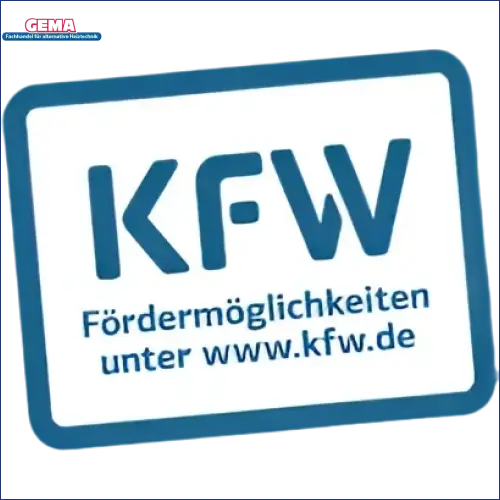 Blaues KFW Logo auf Thermoflux PID Logic Kombi 35 kW mit große Brennkammer