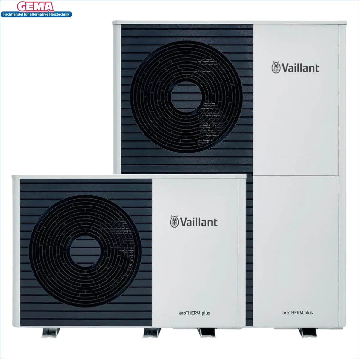 Zwei weiße und schwarze Vaillant Wärmepumpe aroTHERM plus, luft wasser-wärmepumpe mit hoher heizleistung elektr