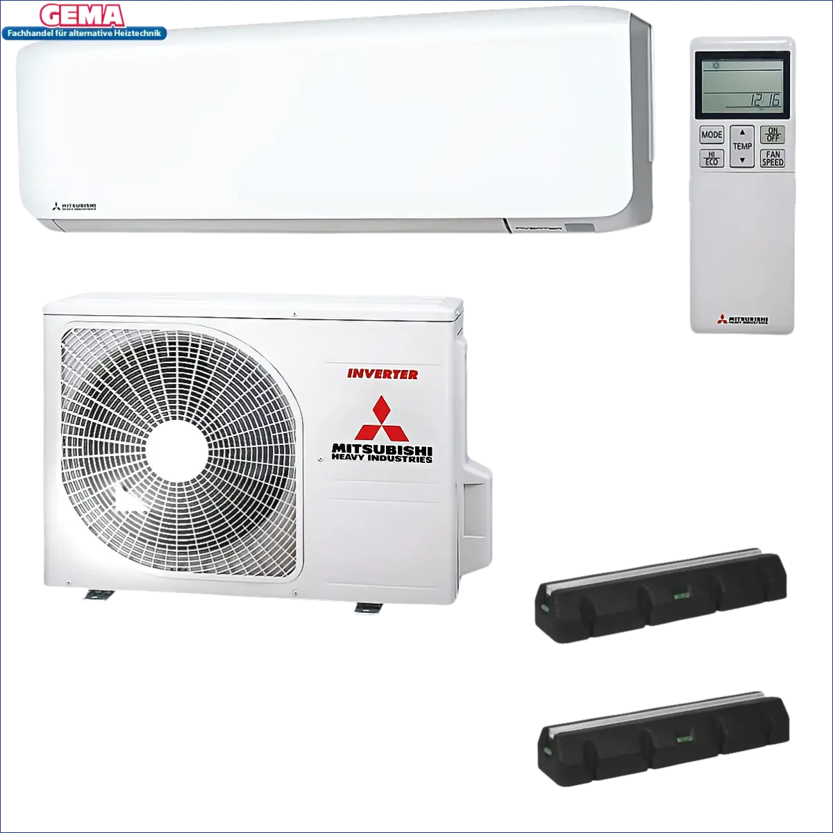Weiße Mitsubishi Monosplit-Klimaanlage mit Fernbedienung und Luftkonditionierungssystem